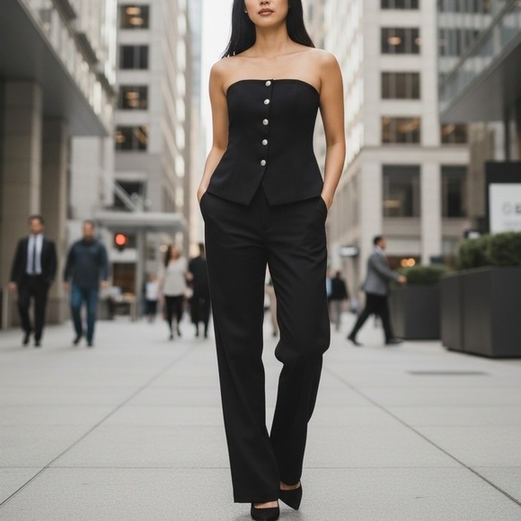 Veronica Beard Tops - Veronica Beard Forman Bustier Top 12 Black Strapless Crest Button Tailored Chic